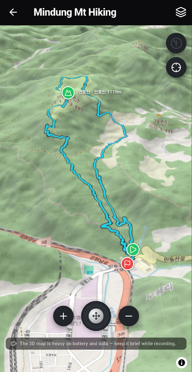 A hiking route draped over 3D terrain
