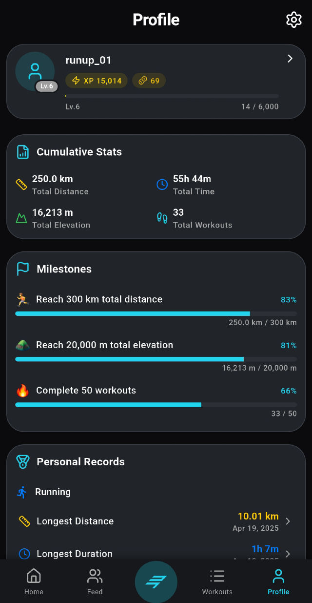 Profile with level, rewards and shared workouts